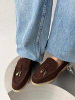 Женские Классические Замшевые Коричневые Туфли Лоферы с Декором