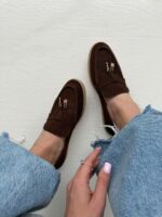 Женские Классические Замшевые Коричневые Туфли Лоферы с Декором