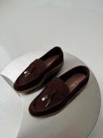 Женские Классические Замшевые Коричневые Туфли Лоферы с Декором