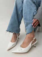 Женские Лаковые Белые Туфли Слингбэки на Маленьком Каблуке с Острым Носом и Открытой Пяткой