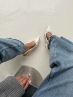 Женские Лаковые Белые Туфли Слингбэки на Маленьком Каблуке с Острым Носом и Открытой Пяткой