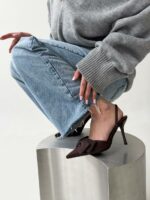 Женские Коричневые Туфли Слингбэки на Шпильке с Бантиком