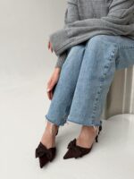 Женские Коричневые Туфли Слингбэки на Шпильке с Бантиком