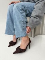 Женские Коричневые Туфли Слингбэки на Шпильке с Бантиком