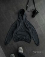 Мужское Базовое Графитовое Худи Оверсайз с Вышитой Надписью на Спине - Утепленное с Начесом