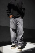 Мужские Серые Вареные Джинсы Багги - Рваные Широкие Джинсовые Штаны