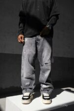 Мужские Серые Вареные Джинсы Багги - Рваные Широкие Джинсовые Штаны