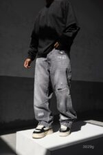 Мужские Серые Вареные Джинсы Багги - Рваные Широкие Джинсовые Штаны