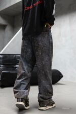 Мужские Графитовые Вареные Джинсы Багги - Широкие с Бахромой и Ржавым Эффектом