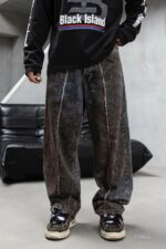 Мужские Графитовые Вареные Джинсы Багги - Широкие с Бахромой и Ржавым Эффектом