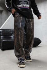 Мужские Графитовые Вареные Джинсы Багги - Широкие с Бахромой и Ржавым Эффектом