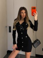 Женское Трикотажное Черное Платье Мини с Бантом и Пуговицами