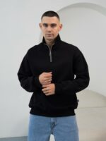 Мужская Хлопковая Черная Кофта под Горло на Флисе с Замком на Воротнике