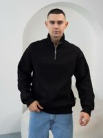 Мужская Хлопковая Черная Кофта под Горло на Флисе с Замком на Воротнике