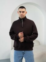 Мужская Хлопковая Коричневая Кофта под Горло на Флисе с Замком на Воротнике