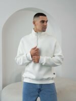 Мужская Хлопковая Белая Кофта под Горло на Флисе с Замком на Воротнике