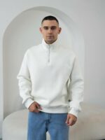 Мужская Хлопковая Белая Кофта под Горло на Флисе с Замком на Воротнике