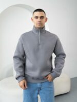 Мужская Хлопковая Серая Кофта под Горло на Флисе с Замком на Воротнике