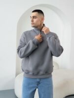Мужская Хлопковая Серая Кофта под Горло на Флисе с Замком на Воротнике