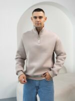 Мужская Хлопковая Бежевая Кофта под Горло на Флисе с Замком на Воротнике