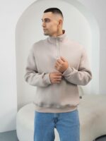 Мужская Хлопковая Бежевая Кофта под Горло на Флисе с Замком на Воротнике