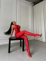 Женский Полупрозрачный Красный Бодистокинг без Рукавов + Трусики