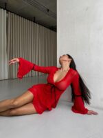 Женский Короткий Красный Пеньюар с Рюшами и Черными Завязками + Трусики