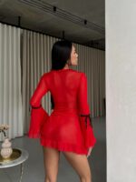 Женский Короткий Красный Пеньюар с Рюшами и Черными Завязками + Трусики