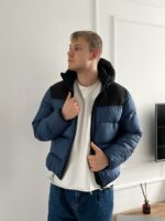 Мужская Зимняя Стеганая Синяя Куртка с Черным Капюшоном