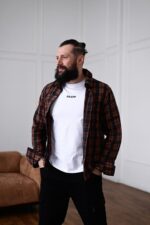 Мужская Свободная Терракотовая Рубашка в Клеточку - Байковая Теплая