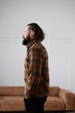 Мужская Свободная Коричневая Рубашка в Клеточку - Байковая Теплая