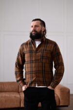 Мужская Свободная Коричневая Рубашка в Клеточку - Байковая Теплая