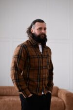 Мужская Свободная Коричневая Рубашка в Клеточку - Байковая Теплая