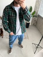 Мужская Свободная Зеленая Рубашка в Клеточку - Байковая Теплая