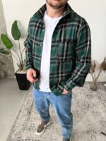 Мужская Свободная Зеленая Рубашка в Клеточку - Байковая Теплая