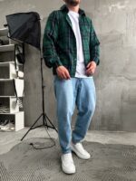 Мужская Клетчатая Зеленая Рубашка Свободного Кроя - Байковая Теплая