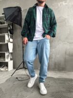 Мужская Клетчатая Зеленая Рубашка Свободного Кроя - Байковая Теплая