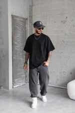 Мужская Базовая Черная Футболка Кулир - Объемная Оверсайз