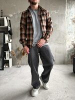 Мужская Клетчатая Рыжая Рубашка Свободного Кроя - Байковая Теплая