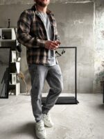 Мужская Клетчатая Бежевая Рубашка Свободного Кроя - Байковая Теплая