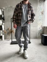 Мужская Клетчатая Бежевая Рубашка Свободного Кроя - Байковая Теплая