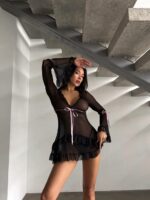 Женский Короткий Черный Пеньюар с Рюшами и Розовыми Завязками + Трусики