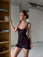 Женский Короткий Черный Пеньюар с Рюшами в Принт Вишенки + Трусики