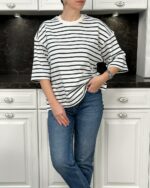 Женская Объемная Белая Футболка Оверсайз в Синюю Полоску