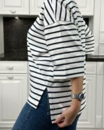 Женская Объемная Белая Футболка Оверсайз в Синюю Полоску