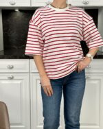 Женская Объемная Белая Футболка Оверсайз в Красную Полоску