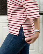 Женская Объемная Белая Футболка Оверсайз в Красную Полоску