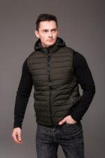 Мужская Базовая Стеганая Жилетка Безрукавка Хаки с Капюшоном