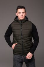 Мужская Базовая Стеганая Жилетка Безрукавка Хаки с Капюшоном