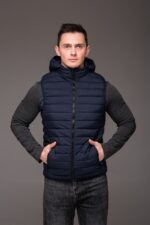 Мужская Базовая Стеганая Темно-Синяя Жилетка Безрукавка с Капюшоном